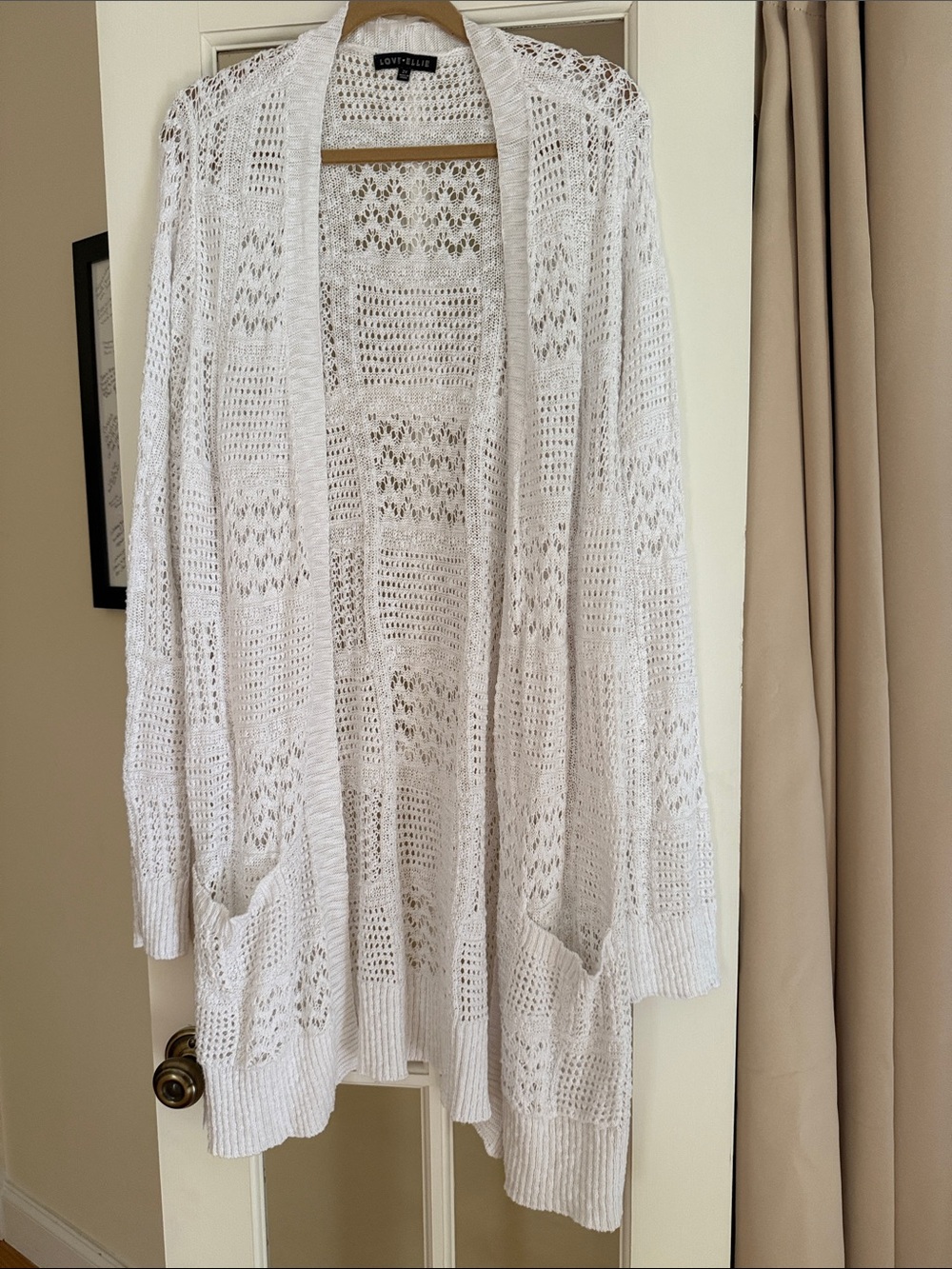 Love Ellie Open-Weave Long White Cardigan with Pockets